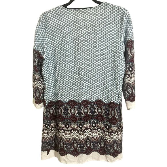 Vintage Pullover Tunic Top Batik Print V-Neck Zipper Blouse Blue Burgundy M/L - Picture 2 of 9